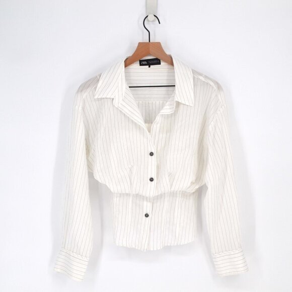 Zara Pinstripe Cinched Corset Shirt Lightweight Button Down Long Sleeve White S - Picture 2 of 9